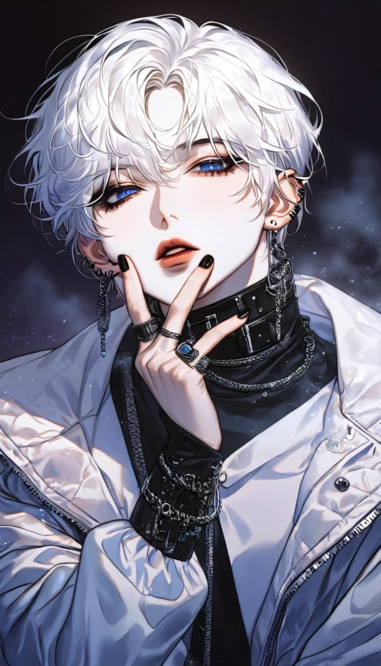 KPOP, absurdres, highres, ultra detailed, HDR, master piece, best quality, extremely detailed face, delicated features, Jaehwan, White hair, short hair, no fringe, without bangs, handsome hair, cool blue eyes, The World After The Fall, Alone, Sensual, Young face, black dark Gothic style, cold, Transparent, black, Boyfriend, Pierce, earring, KPOP boy, Draw a large background, anime, KPOP model, black Rose background, Draw a large background, 4K, High image quality, Korean makeup, His full body shot, Draw a person small, villain pose, dark, black nail, black Ring, Smoke, Lick your fingers