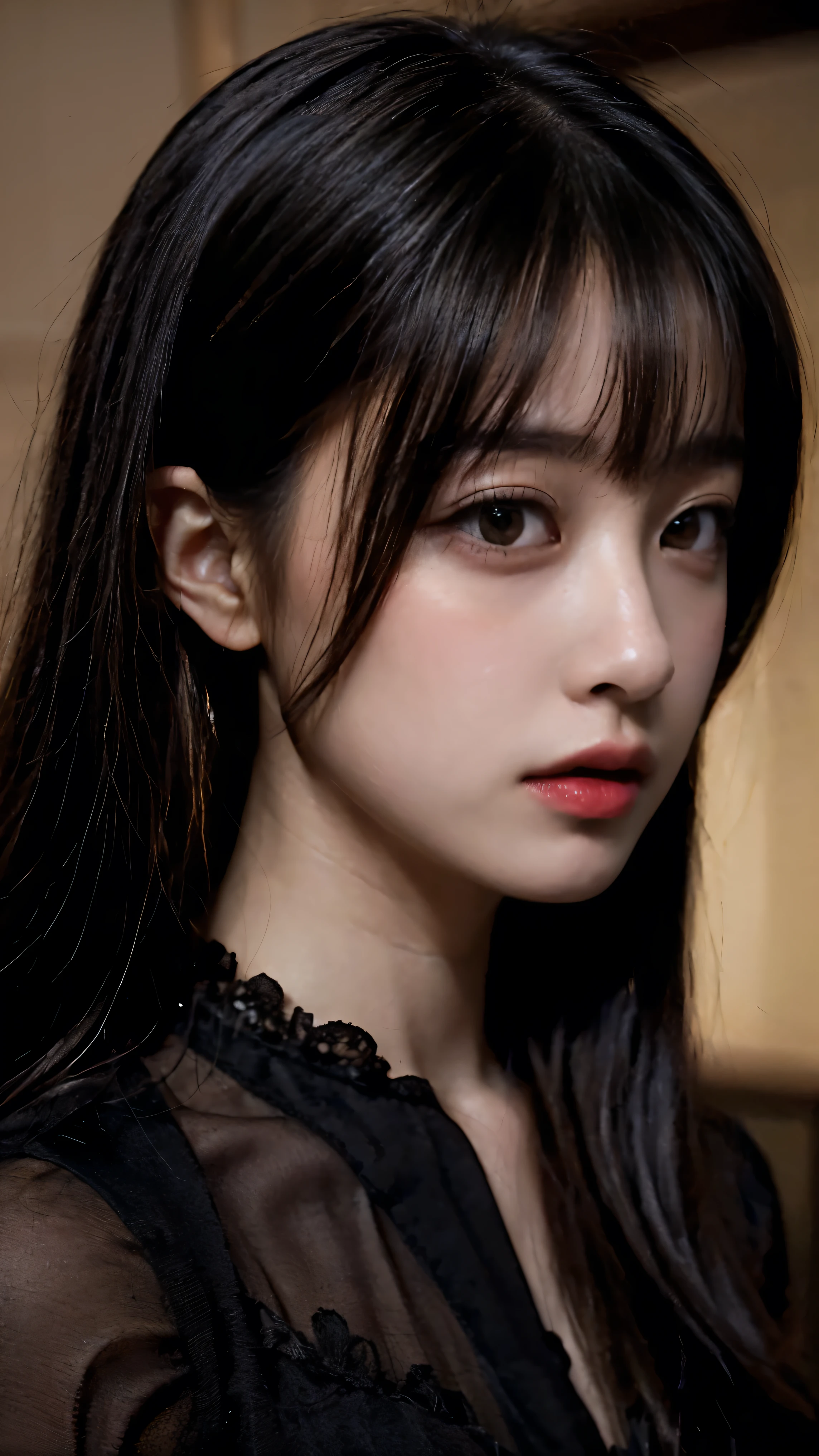 (  Japanese Horror Film  :1.5)、(  horror movie-like lighting  :1.2)、fear、Cold Stare、  close-up of a woman wearing a black long sleeve top and long skirt,  Professional Cosplay ,  Modern Gothic Outfit ,   Highly Detailed Pictures  、（Creepy Room :1.3）、（   Straight long black hair  :1.2）、(Super no makeup:1.5)、(8k、RAW photo、Best Quality、masterpiece:1.2)、(Realistic、Realistic)
