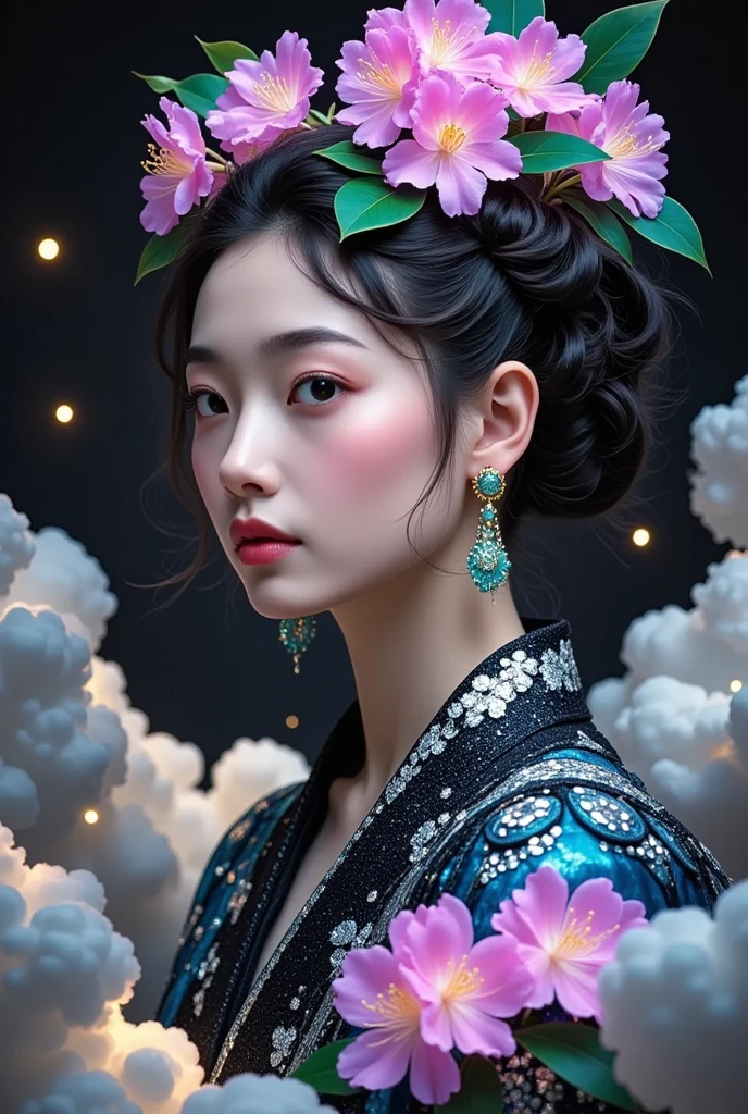 Mori Yukie, Dale Chihuly, fashion magazine cover, Wlop, Alphonse Mucha, Hsiao Ron Cheng, mineral pigment digital painting, textured matte, dark fantasy, new 3D ancient Chinese style, William Morris, Josef Frank, image of a rhododendron fairy with earrings in clouds, in the style of realistic yet romantic, fairycore, black paintings, baroque elegance, 32k UHD, exaggerated facial features, Chinese style lighting, 3D particles, Gustav Klimt, sequins, bioluminescence, luminous particles, James Turrell, Nick Veasey, ultra high definition pixels, full body, film grain