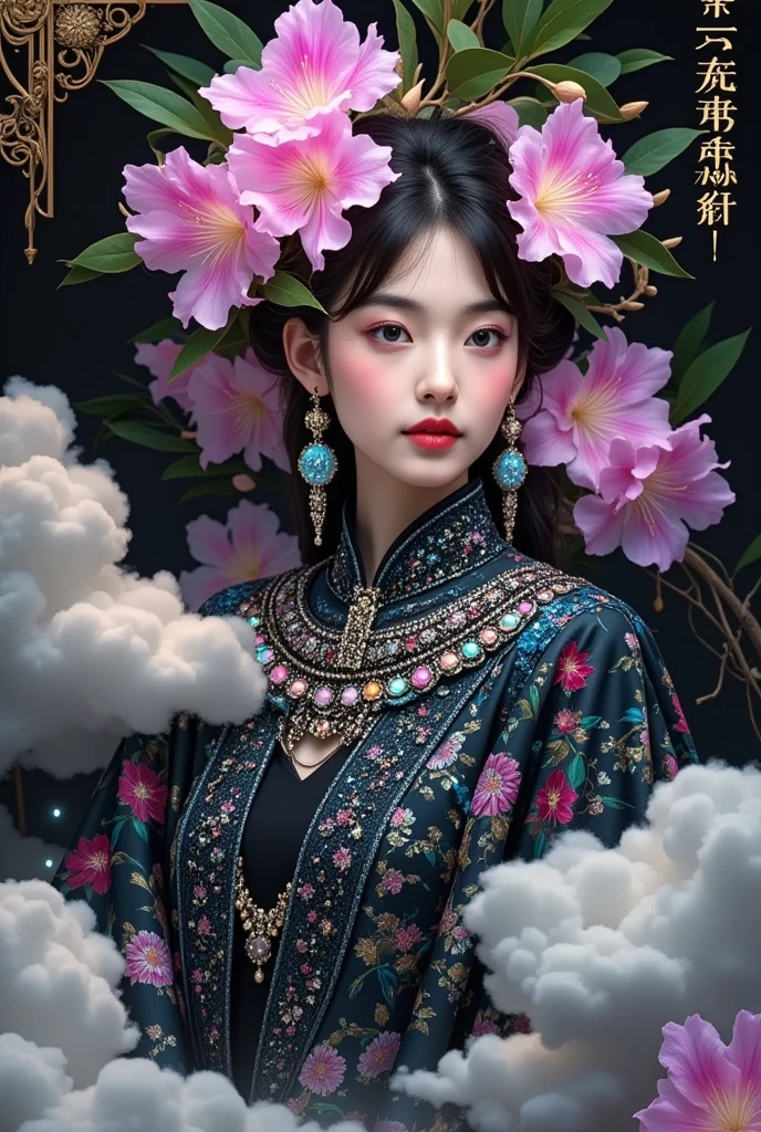 Mori Yukie, Dale Chihuly, fashion magazine cover, Wlop, Alphonse Mucha, Hsiao Ron Cheng, mineral pigment digital painting, textured matte, dark fantasy, new 3D ancient Chinese style, William Morris, Josef Frank, image of a rhododendron fairy with earrings in clouds, in the style of realistic yet romantic, fairycore, black paintings, baroque elegance, 32k UHD, exaggerated facial features, Chinese style lighting, 3D particles, Gustav Klimt, sequins, bioluminescence, luminous particles, James Turrell, Nick Veasey, ultra high definition pixels, full body, film grain