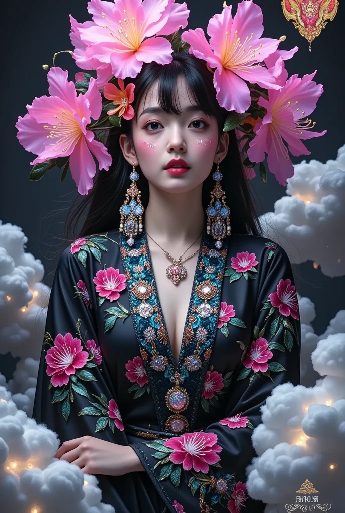 Mori Yukie, Dale Chihuly, fashion magazine cover, Wlop, Alphonse Mucha, Hsiao Ron Cheng, mineral pigment digital painting, textured matte, dark fantasy, new 3D ancient Chinese style, William Morris, Josef Frank, image of a rhododendron fairy with earrings in clouds, in the style of realistic yet romantic, fairycore, black paintings, baroque elegance, 32k UHD, exaggerated facial features, Chinese style lighting, 3D particles, Gustav Klimt, sequins, bioluminescence, luminous particles, James Turrell, Nick Veasey, ultra high definition pixels, full body, film grain