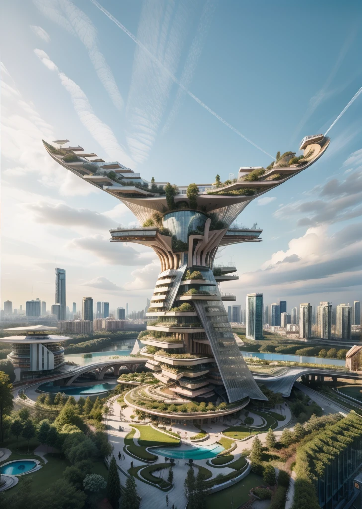 Amazing Building by zaha hadid, tower in the sky, by syd mead, there is  park on the ground, trees, people walking, realistic, pools, clear blue sky, Night light