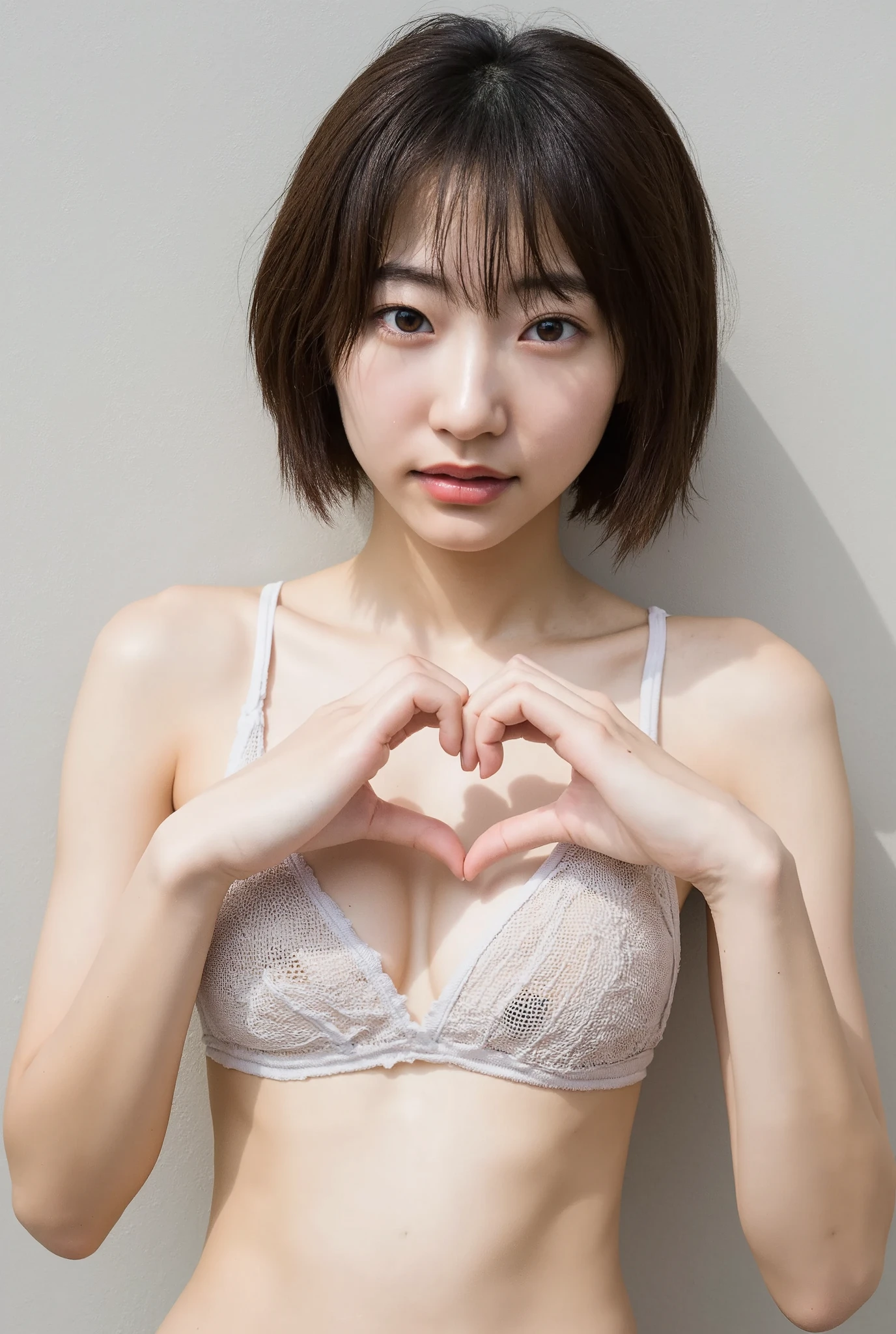 She is in a pose wearing a sexy camisole, making a firm big heart shape with both hands, and holding it in front of her chest, Cute smile up、Monotone background

