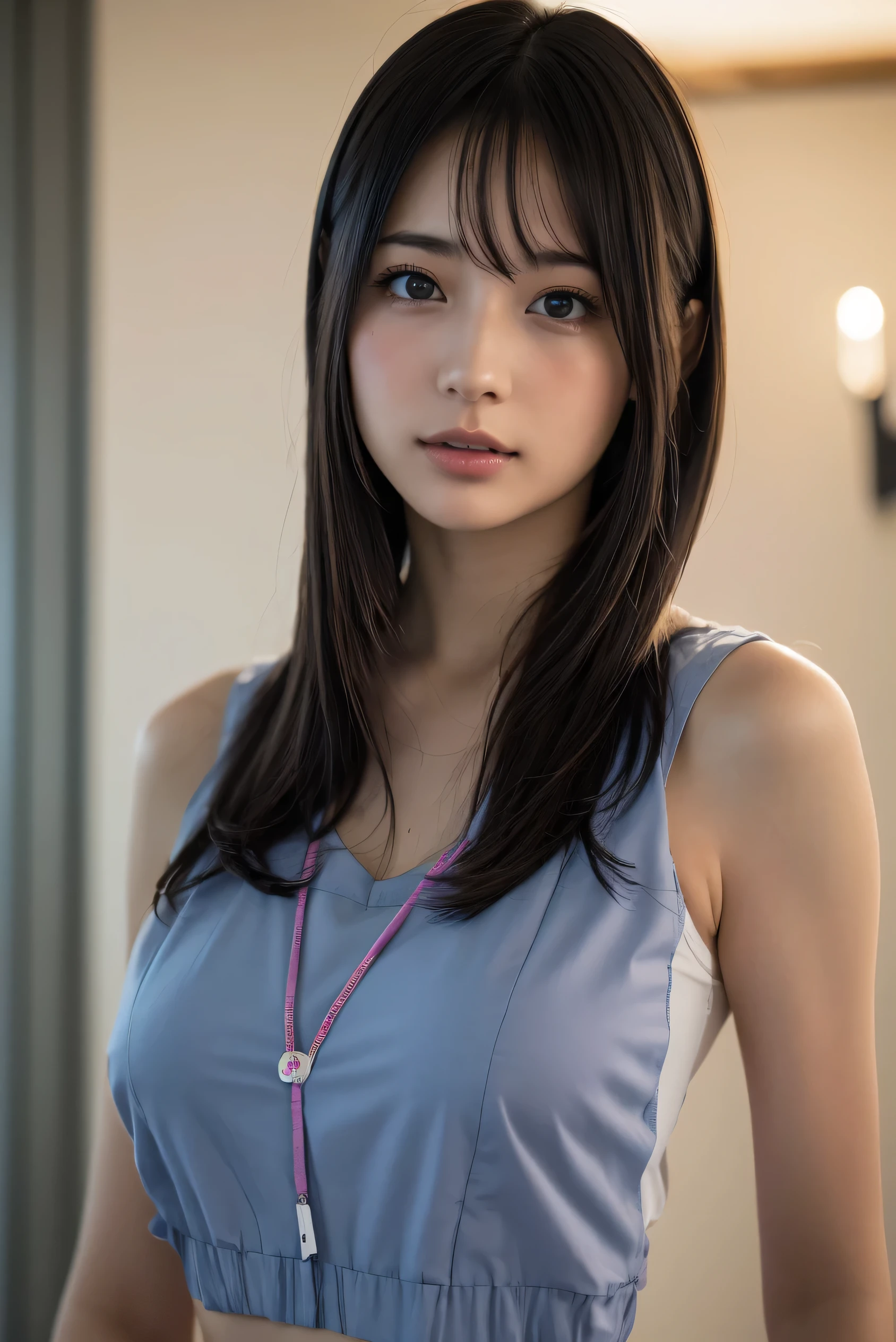 (8k, RAW photo,Best Quality,  high res:1.1), (超Realisticな:1.4),(Realistic, Realistic:1.3),Japanese Beauty、nurse、nurseコスプレのマッサージ師、((  upper body:1.3)),print {black|Pink|blue|Purple|Gray} panties,armpit