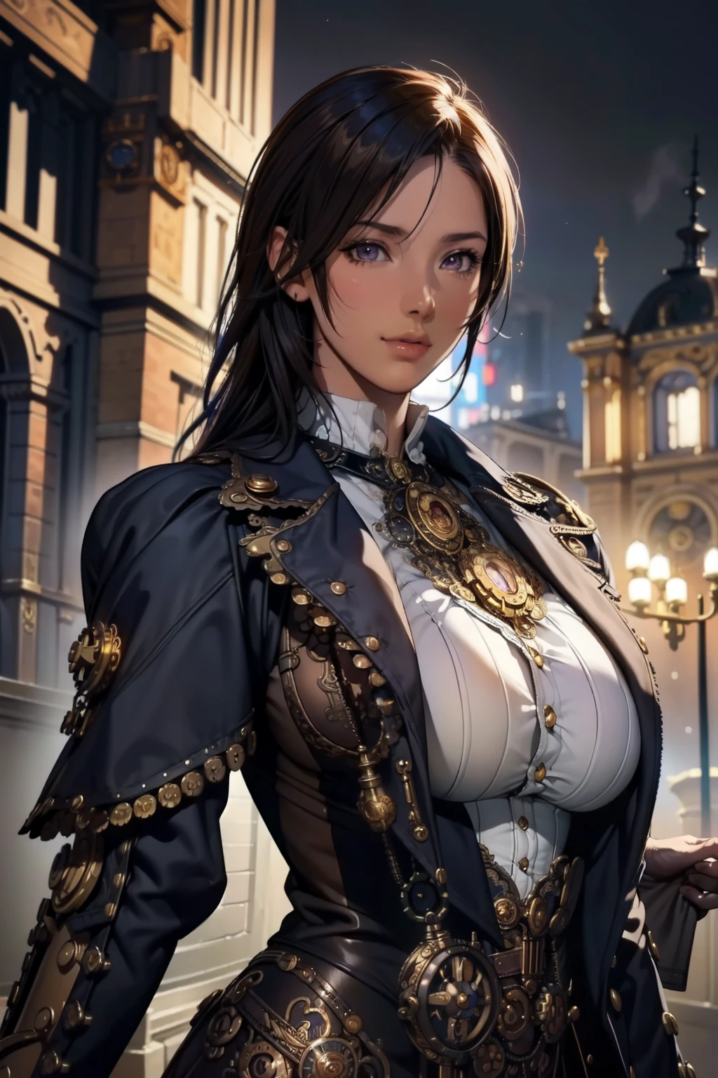 A  Colombian girl,  bust up, ( camera), Detailed European Faces, (Ambitious look), ((( steampunk style close))), ((Steampunk city in the background)), born,  Analog Style ,  is ,   cinematic lighting ,  Art Station , 4K,  sharp concentration,  high definition, Detailed skin, Detailed eyes,