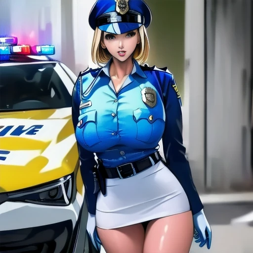 (Best Quality, masterpiece,  RAW Photos,Super detailed:1.2)blonde, Police Officer、Police uniform、 miniskirt in length、Big Breasts、 sexy body
