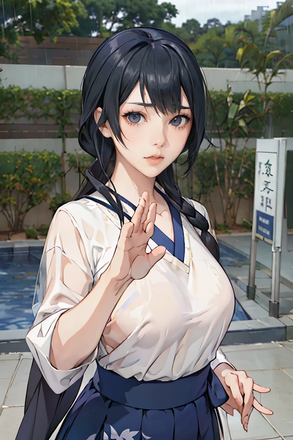 live-action、 real、Very beautiful Japanese girl、 Black Hair、Moderate bust、Poozaki Poona、 simple background、 upper body、Official hairstyle 、Official costume、 face zoom up、Tai Chi Pose、ruins、heavy rain、Alone、from adove