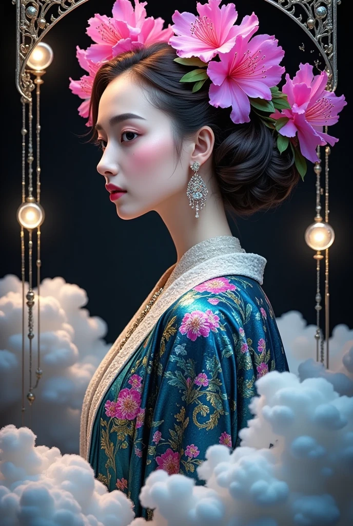 Mori Yukie, Dale Chihuly, fashion magazine cover, Wlop, Alphonse Mucha, Hsiao Ron Cheng, mineral pigment digital painting, textured matte, dark fantasy, new 3D ancient Chinese style, William Morris, Josef Frank, image of a rhododendron fairy with earrings in clouds, in the style of realistic yet romantic, fairycore, black paintings, baroque elegance, 32k UHD, exaggerated facial features, Chinese style lighting, 3D particles, Gustav Klimt, sequins, bioluminescence, luminous particles, James Turrell, Nick Veasey, ultra high definition pixels, full body, film grain