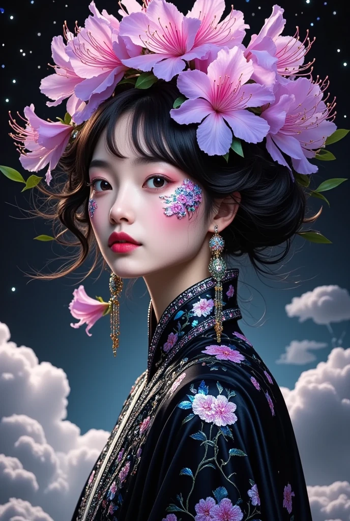 Mori Yukie, Dale Chihuly, fashion magazine cover, Wlop, Alphonse Mucha, Hsiao Ron Cheng, mineral pigment digital painting, textured matte, dark fantasy, new 3D ancient Chinese style, William Morris, Josef Frank, image of a rhododendron fairy with earrings in clouds, in the style of realistic yet romantic, fairycore, black paintings, baroque elegance, 32k UHD, exaggerated facial features, Chinese style lighting, 3D particles, Gustav Klimt, sequins, bioluminescence, luminous particles, James Turrell, Nick Veasey, ultra high definition pixels, full body, film grain