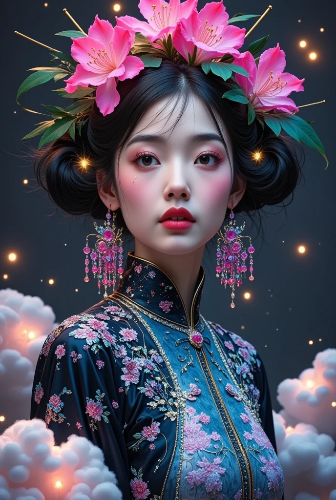 Mori Yukie, Dale Chihuly, fashion magazine cover, Wlop, Alphonse Mucha, Hsiao Ron Cheng, mineral pigment digital painting, textured matte, dark fantasy, new 3D ancient Chinese style, William Morris, Josef Frank, image of a rhododendron fairy with earrings in clouds, in the style of realistic yet romantic, fairycore, black paintings, baroque elegance, 32k UHD, exaggerated facial features, Chinese style lighting, 3D particles, Gustav Klimt, sequins, bioluminescence, luminous particles, James Turrell, Nick Veasey, ultra high definition pixels, full body, film grain