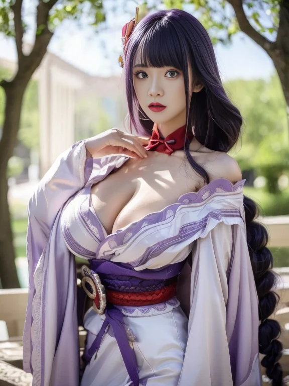 Raiden shogun, fine clothes, white clothes, blunt bangs, single braid, gigantic breasts, Kimono with wide cleavage and wide sleeves, Nice hair accessories for everyday clothing, red belt, purple hair, very long hair, straight hair, delicate face, cold face, looking at the audience, beautiful eyes, Delicate purple eyes, skirt, Cherry bloosom, Physically based rendering, original photo, highly detailed back ground, high resolution, view, front, face close-up, front lighting