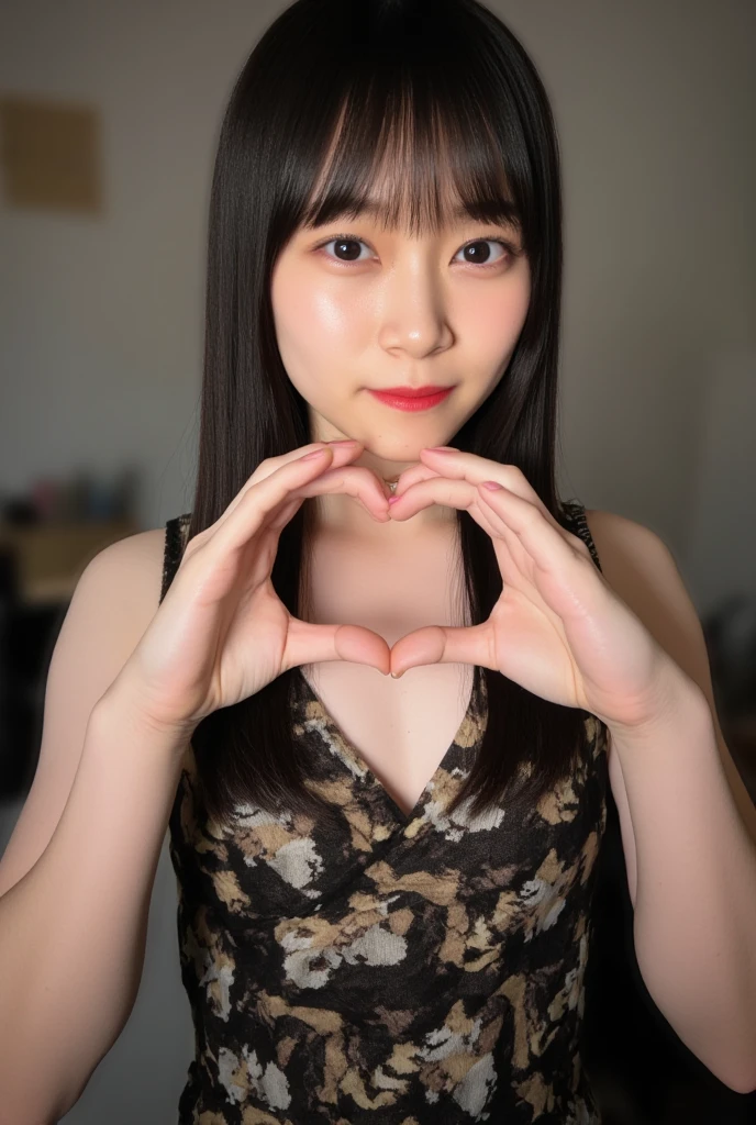 She is in a pose wearing a sexy camisole, making a firm big heart shape with both hands, and holding it in front of her chest, Cute smile up、Monotone background

