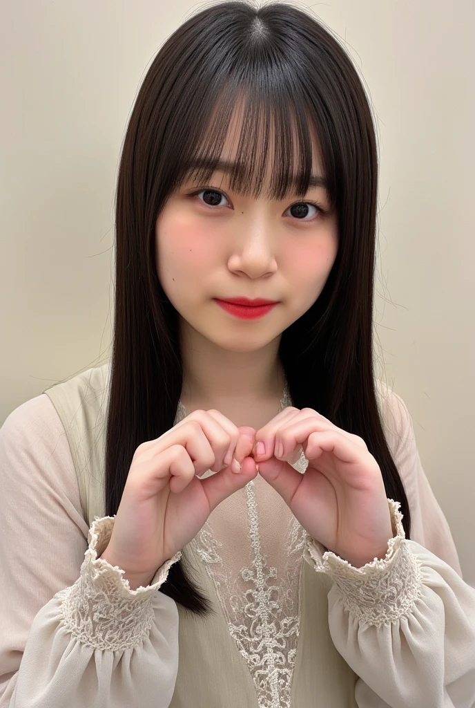 She is in a pose wearing a sexy camisole, making a firm big heart shape with both hands, and holding it in front of her chest, Cute smile up、Monotone background

