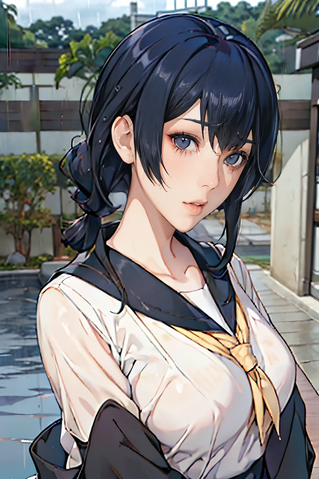 live-action、 real、Very beautiful Japanese schoolgirl、 Black Hair、Moderate bust、Poozaki Poona、 simple background、 upper body、Official hairstyle 、 sailor suit、 face zoom up、ruins、heavy rain、Alone、from adove