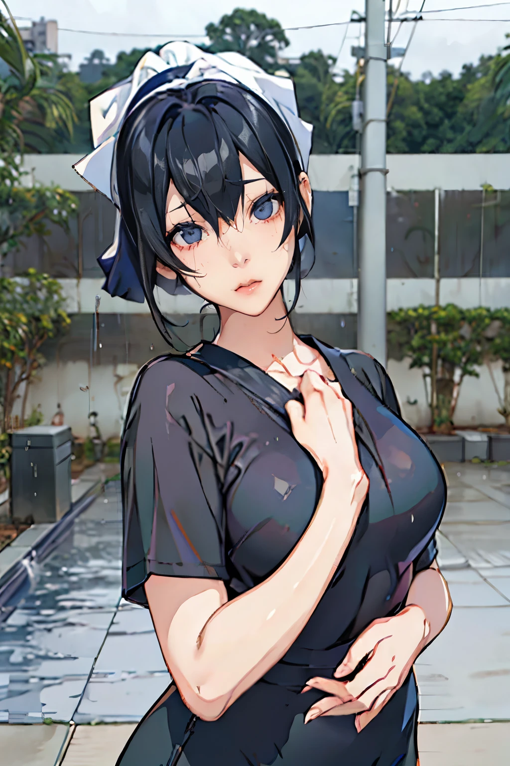 live-action、 real、Very cute and beautiful Japanese high school girl、 Black Hair、Moderate bust、Poozaki Poona、 simple background、 upper body、 shortcuts、 sailor suit、White headband、 face zoom up、ruins、heavy rain、Alone、from adove