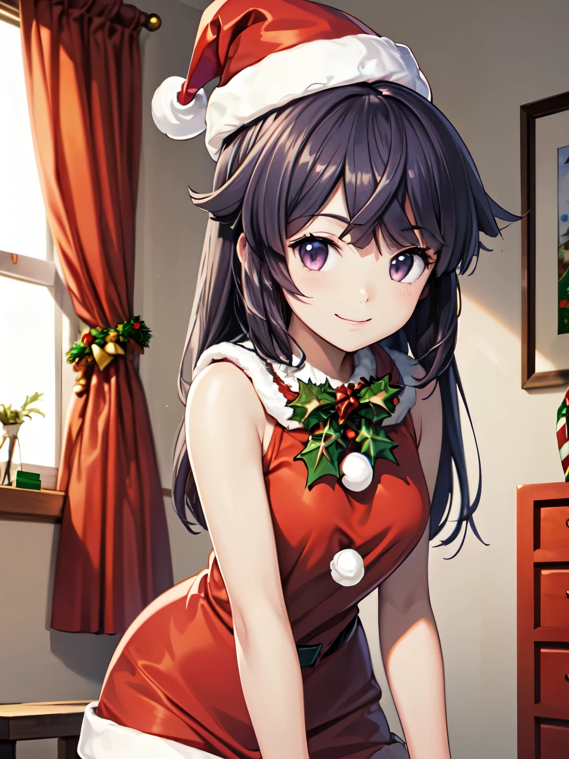 最 high quality, 超 high definition, Maximum resolution,( anime illustration style:1.2), one girl playing pranks、Akatsuki Akatsuki 、Standing、indoor、bet、smile, (Advanced Details,  high quality:1.3)、Beautiful black hair 、 closed mouth、smile、 (Santa hat、Santa costume:1.5)、(Genuine、Realistic、Realistic:1.2)、 high definition、超 high definition、Fine painting、 physical based rendering、 cowboy shot