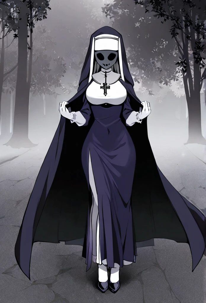 (1girl, solo) Nun, long skirt, long over loose sleeves, white gloves, faceless, handless, nun outfits, 
cape covering whole body, long cape, scary cape, sexy, sexy pose, sexy heels boots, park, standing 