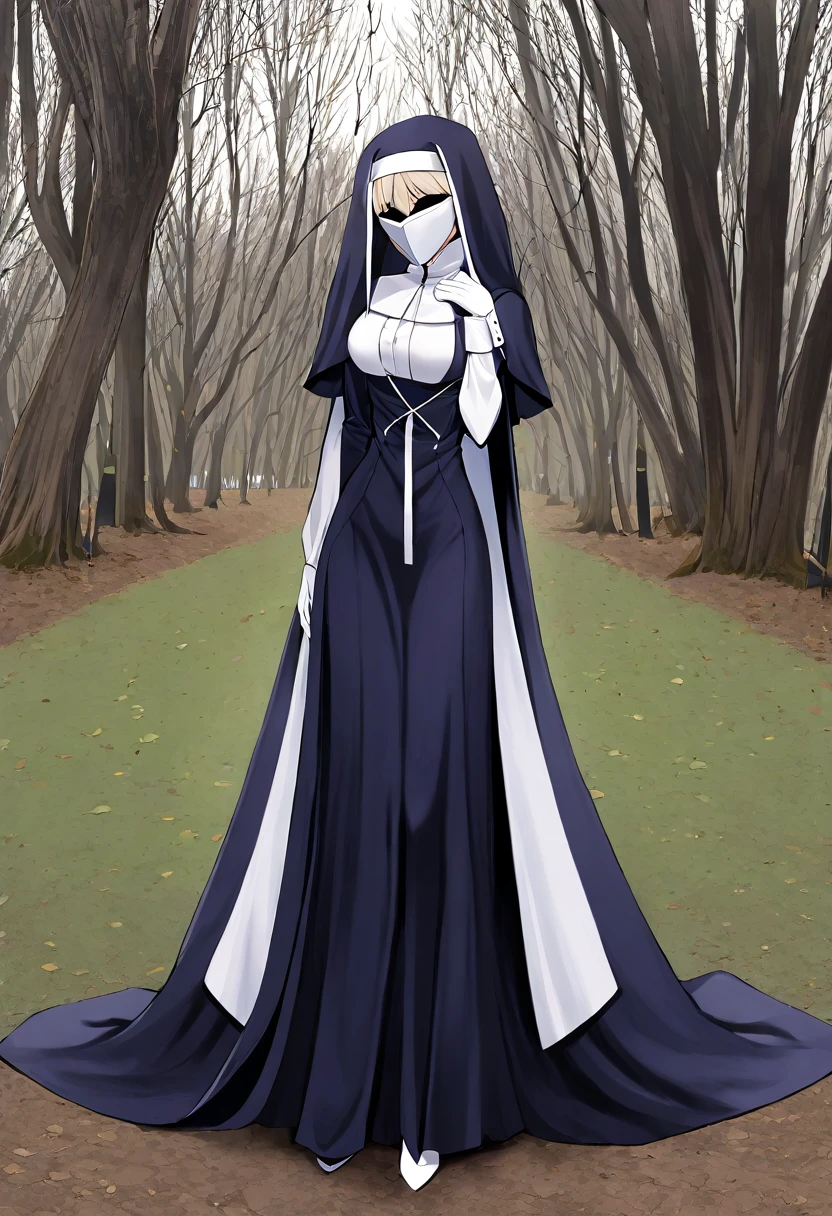 (1girl, solo) Nun, long skirt, long over loose sleeves, white gloves, mask, faceless, handless, nun outfits, 
cape covering whole body, long cape, scary cape, sexy, sexy pose, sexy heels boots, park, standing 