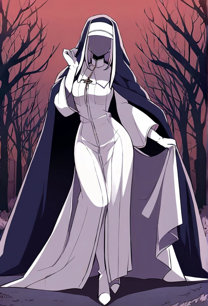 (1girl, solo) Nun, long skirt, long over loose sleeves, white gloves, faceless, handless, nun outfits, 
cape covering whole body, long cape, scary cape, sexy, sexy pose, sexy heels boots, park, walking 