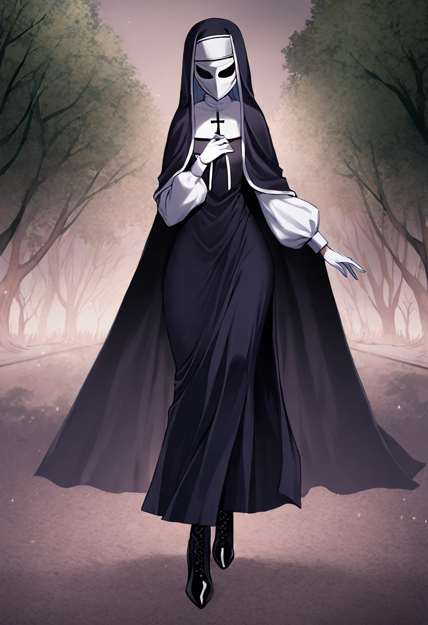 (1girl, solo) Nun, long skirt, long over loose sleeves, white gloves, mask, faceless, handless, nun outfits, 
cape covering whole body, long cape, scary cape, sexy, sexy pose, sexy heels boots, park, walking 