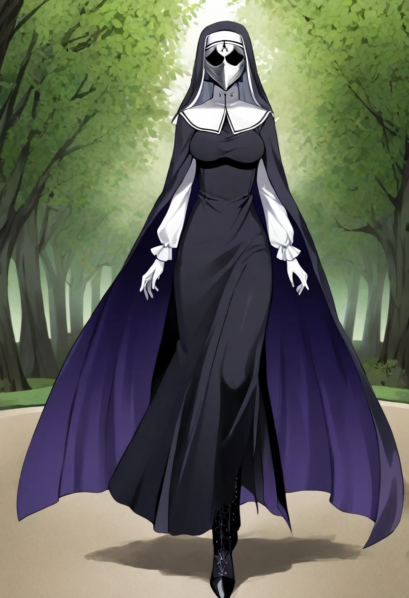 (1girl, solo) Nun, long skirt, long over loose sleeves, white gloves, mask, faceless, handless, nun outfits, 
cape covering whole body, long cape, scary cape, sexy, sexy pose, sexy heels boots, park, walking 