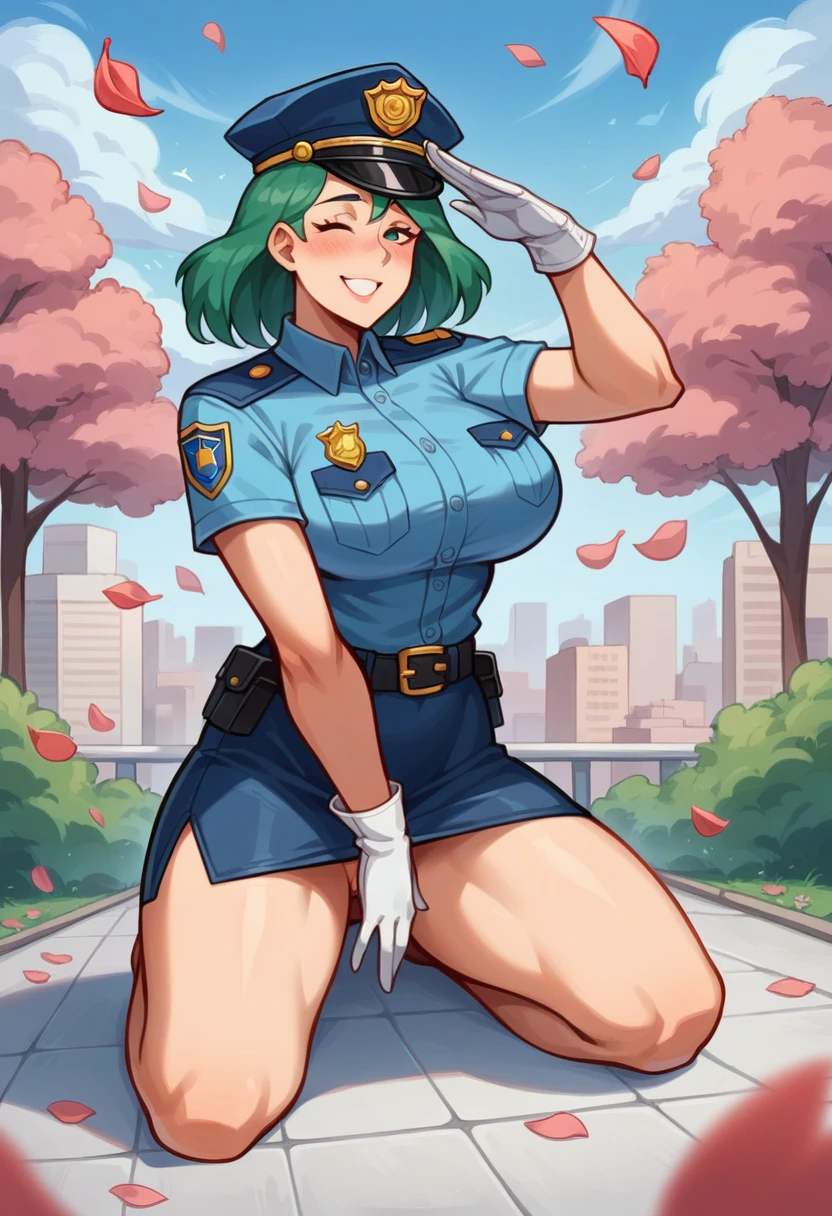 1girl, solo, blush, large breasts:1.3, volumetric lighting, hourglass figure, long limbs, voluptuous, nsfw, romantic, sexy, 
masterpiece, best quality, highly detailed, quality, maple leaves petals floating in wind, face focus, cinematic composition, dynamic pose, foreshortening, beautiful face, 
pkmnJenny, blue hat, police uniform, blue shirt, short sleeves, belt, pencil skirt, white gloves, cowboy shot, looking at viewer, smile, cityscape, blue sky, mature woman, salute,, (insanely detailed, beautiful detailed face), green hair , kneeling , naked full body, show pussy, show tits,