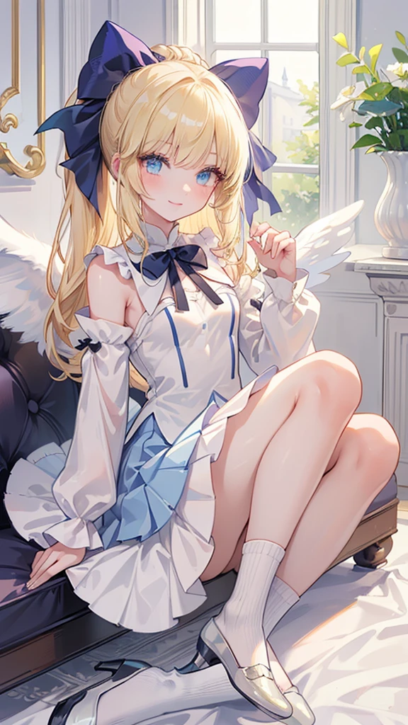 ( masterpiece ,  best quality:1.2),  extremely detailed , Fine Hair,  Soft Skin ,  1 girl at home, solitary, eternal,  angel wings ，blond, Long hair,  blue eyes,  long lashes , thick eyelashes ,  Smile，  ****ta style pleated skirt, , Puff sleeves, Juliet sleeve , Long sleeve,White socks，blue high heels