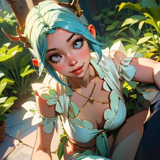 Style-SylvaMagic, award winning character concept art of a beautiful dryad sitting against a citrus tree, in a beautiful orange citrus grove, citrus fruit in trees, amazing body, smiling, happy, laughing, jubilant, light blue hair, golden horns, beautiful gossamer see through dress, blurry_background, breasts, smile, voluptuous, natural lighting, medium_breasts, lips, looking_at_viewer, solo, from above, highly detailed 8k character concept portrait studio lighting, sunlight, beautiful lighting,