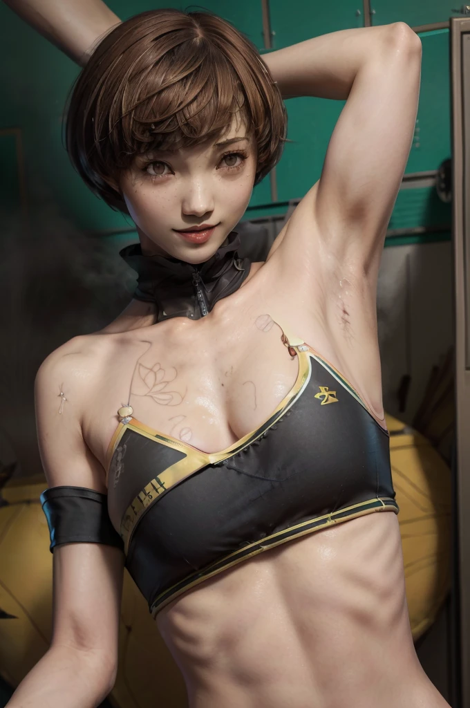 masterpiece,beautiful,最 high quality,Super detailed,Exquisite,  very detailed,  high quality,  very detailed,hughres,4K,8k，NSFW，(persona4:1.5)，( Satonaka Chie:1.5)，(smile:1.5)，((( short bob,Brown Hair:1.5)))，( locker room :1.5)，((Steam，Steaming:1.3))，(((脇の皺， shows armpits，Armpit:1.3)))，(School Swimsuit,ALL-black competitive swimsuit ,A competitive swimsuit that sticks perfectly to the skin:1.5), 