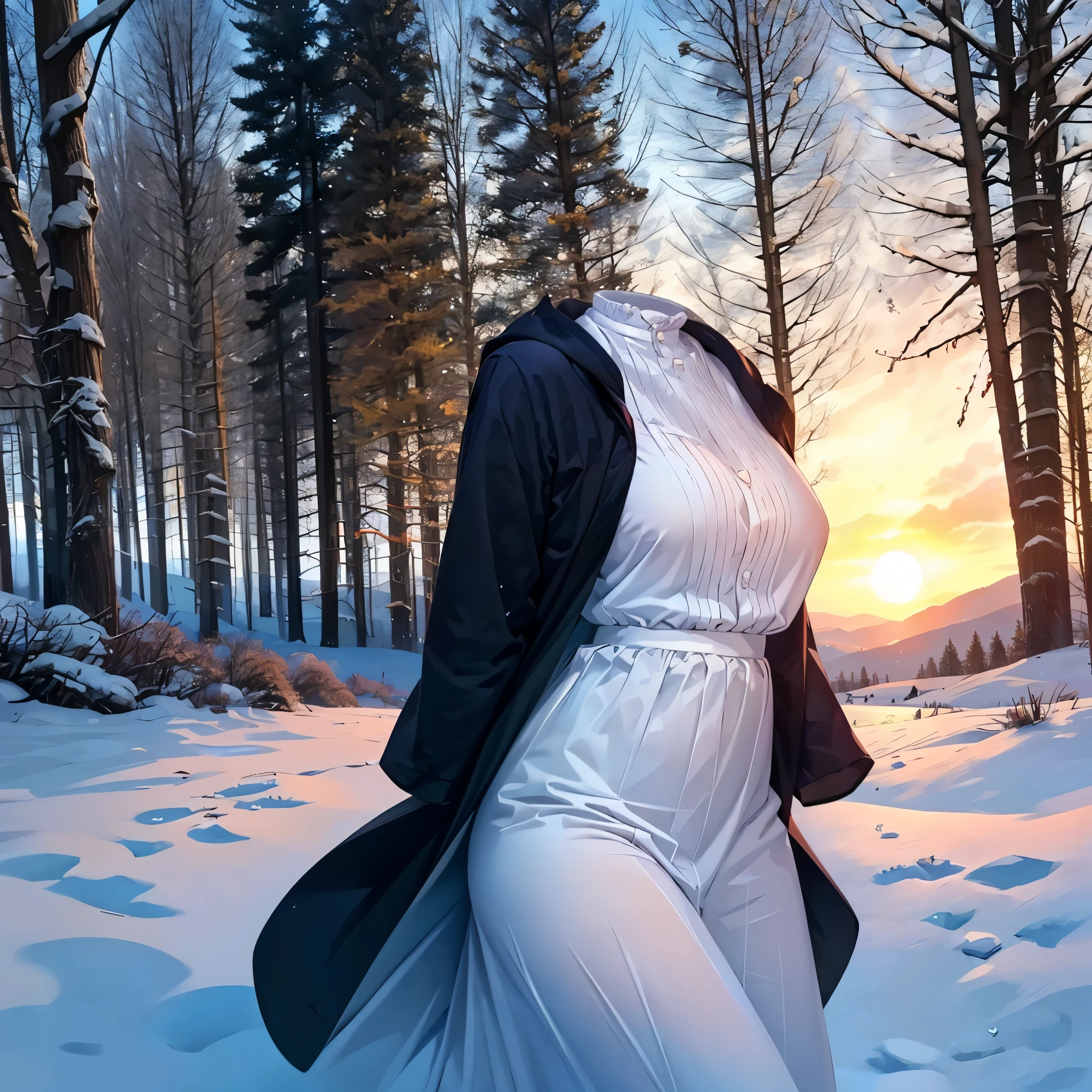 1girl, (invisible:1.5, no humans:1.5, headless:1.5, faceless:1.5), aafern, large breasts, long dress, white dress, black robe, long sleeves, (close-up shot of breasts), (8k, RAW photo, best quality, masterpiece:1.2), (realistic, photo-realistic:1.37), photon mapping, radiosity, ((Hasselblad photography)), physically-based rendering, in forest, beautiful sunset, (hands on hip), snowy day, crotchAngle,head out of frame,lower body,have to pee,covering crotch,(((hand between legs))),knees together feet apart,