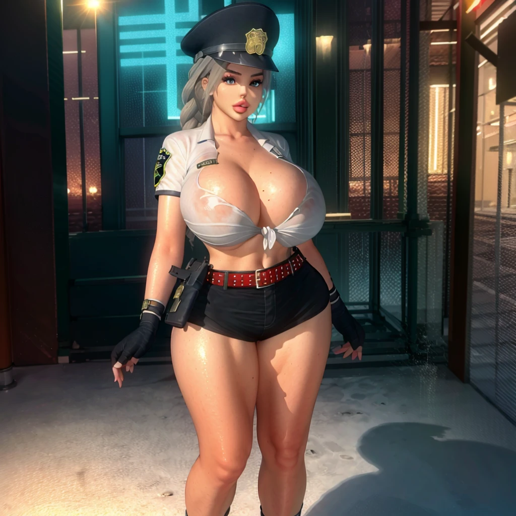 full body, A unique masterpiece, Ultra-realistic 8K CG, perfect artwork, DOA5 LR  ,  phase 4 , police,  clevis, Midriff, black police peaked cap, White police Top,  front tie top , Gray Hair,  single braided  ,  blue eyes ,  black high waist shorts, Red Belt,  black fingerless gloves ,  black calf boots , ((Perfect Female Figure)), Seductive posture,  Sexy Poses,  charming, clean, Beautiful Face, Pure Face, Pale skin, shiny skin,  skin pattern ,  ,  Night in the City