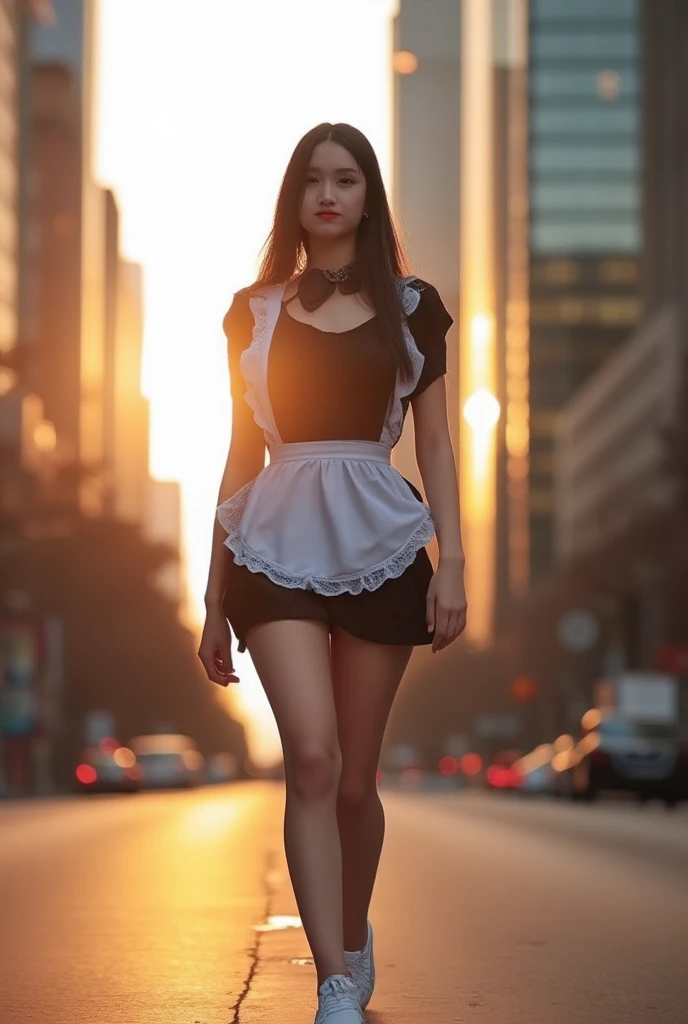 A confident young woman in a crisp black and white maid outfit strides purposefully down the city street as the sun sets behind her, casting a warm golden glow across her features. The modern skyscrapers and bustling urban landscape provide a striking contrast to her free-spirited gait, as if she's embracing the city's energy.