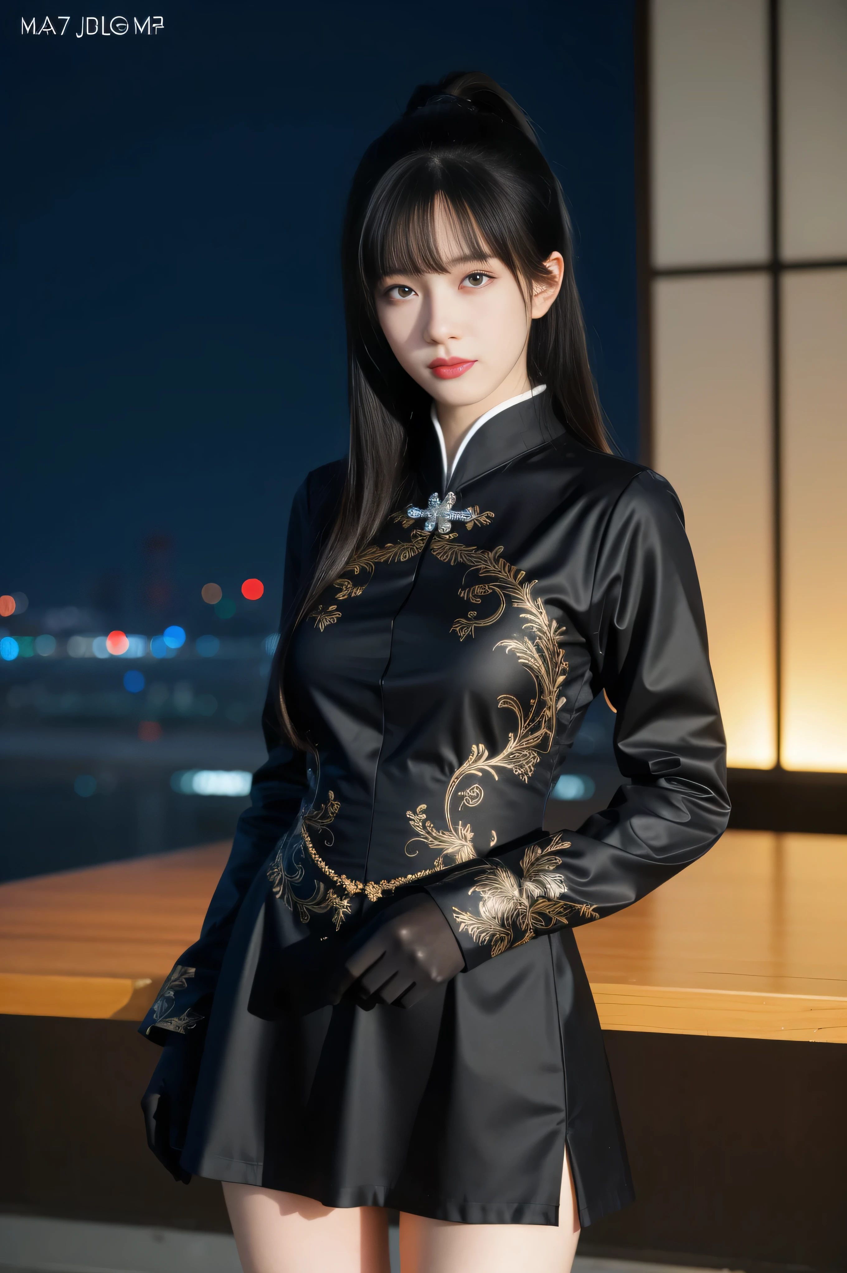 (best quality), (masterpiece), (Ultra-high resolution), (Clear face), (Reality: 1.4), (perfect lighting),(photorealistic:1.30), anime wallpaper, Guviz style artwork , fantasy cover up to magic , by Yang J, Guviz, beautiful artwork illustration, beautiful digital artwork, beautiful digital illustration, Li Song, beautiful anime portrait, art style at Beauvot,illustration, ethereal and beautiful, highly detailed, CG, unity, 8k wallpaper, Amazing, fine detail, official art, highly detailed CG unity 8k wallpaper,absurd, extremely absurd, large file size, highly detailed , high resolution, very detailed,beautiful girl with details, very detailed eyes and face, beautiful detailed eyes,light on the face,cinematic lighting, Adult female, 20 years old, 1girl, solo, long hair, breasts, thighs, black hair, gloves, ponytail, bangs, dress, drill hair, hair ornaments, city view, night, looking at viewer, mature women, cowboy shots, Chinese dress, absurddress,