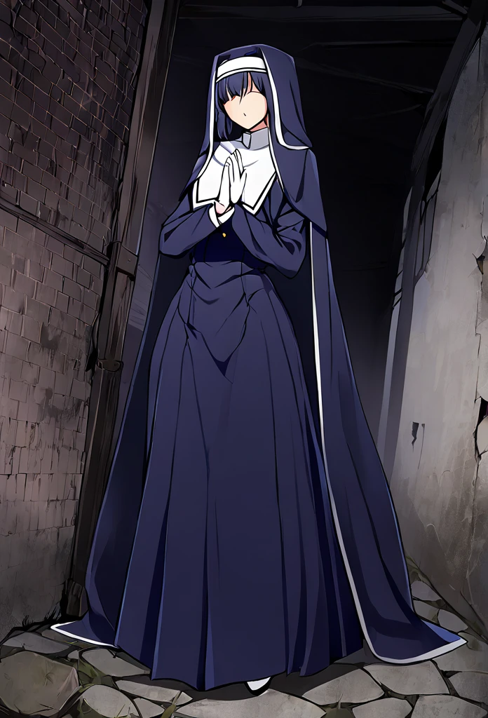 (1girl, solo) Nun, long skirt, long over loose sleeves, white gloves, faceless, handless, nun outfits, 
cape covering whole body, long cape, scary cape, sexy, sexy pose, heels boots, abandoned warehouse, her skirt got caught a wall