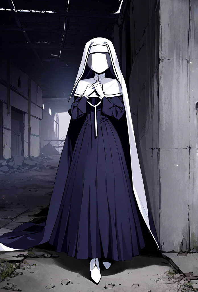 (1girl, solo) Nun, long skirt, long over loose sleeves, white gloves, faceless, handless, nun outfits, 
cape covering whole body, long cape, scary cape, sexy, sexy pose, heels boots, abandoned warehouse, her skirt got caught a wall