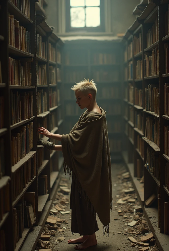 a lone, fiercely thin nordic woman with spikey blonde asymmetrical pixie-cut hair shaved on one side stands in an empty, dusty library, running her hands over the leather-bound spines of books she cannot read. She wears a torn and moth eaten primitive shawl around her shoulders, her bare feet rapped in rags. Her exposed ears are natural and free from any earrings or jewelry. Cinematographer Darius Khondji’s signature sepia-toned lighting filters through broken windows, illuminating particles of dust floating in the air. The camera frames her from above, capturing her amidst the chaotic, decaying shelves, making her appear small in this vast, forgotten knowledge store. Her face shows deep concentration, as if hoping to absorb the essence of the books through touch alone, creating a melancholy, haunting atmosphere.