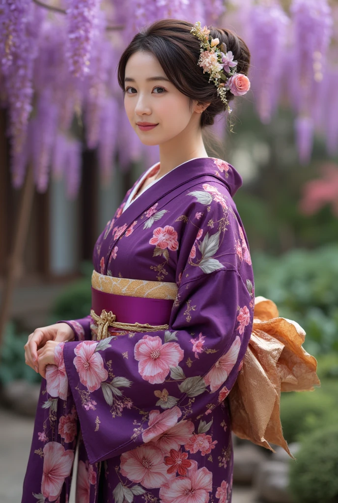 "A hyper-realistic portrait of an East-Asian woman wearing a stunning, traditional Japanese kimono, standing gracefully against the backdrop of a beautiful Japanese garden adorned with a wisteria trellis. Her kimono is an elaborate piece, with a deep, rich purple as the primary color, symbolizing elegance and refinement. The fabric is adorned with intricate patterns of flowers, each petal and leaf rendered in vibrant hues that stand out against the purple base. The kimono features subtle motifs of nature, including stylized florals, delicate fans, and symbolic emblems that represent traditional Japanese aesthetics. Each design element on the kimono is outlined with fine gold threads, adding a subtle shimmer that catches the light as she moves.

Her obi, a wide sash around her waist, is tied in an elegant bow at the back, with shades of soft gold and cream that harmonize beautifully with the purple tones of her kimono. The obi features a subtle floral pattern, echoing the motifs on the kimono, and is wrapped with a decorative cord that adds a touch of sophistication to her overall attire. Her sleeves flow gracefully, with the inner lining revealing a contrasting color that adds depth and dimension to her silhouette.
