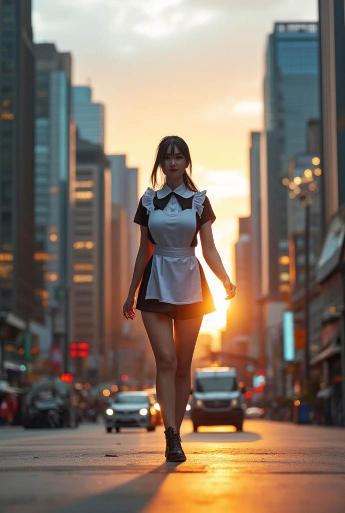 A confident young woman in a crisp black and white maid outfit strides purposefully down the city street as the sun sets behind her, casting a warm golden glow across her features. The modern skyscrapers and bustling urban landscape provide a striking contrast to her free-spirited gait, as if she's embracing the city's energy.