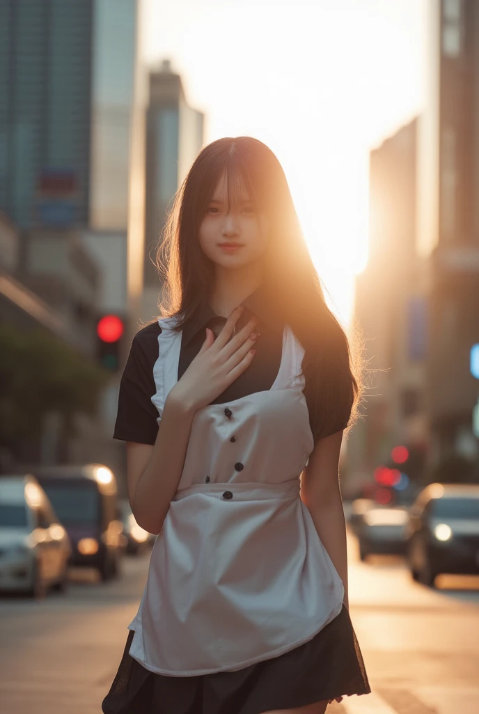 A confident young woman in a crisp black and white maid outfit strides purposefully down the city street as the sun sets behind her, casting a warm golden glow across her features. The modern skyscrapers and bustling urban landscape provide a striking contrast to her free-spirited gait, as if she's embracing the city's energy.