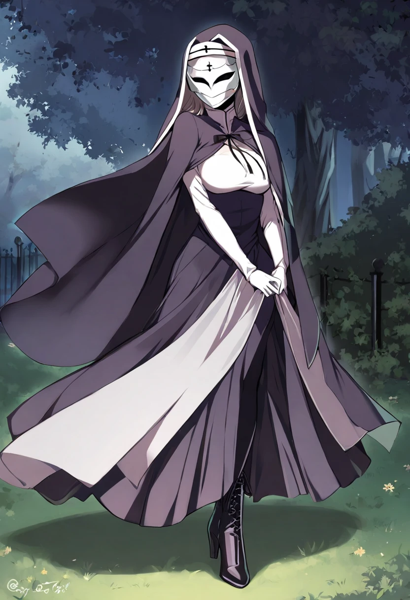 (1girl, solo) Nun, long skirt, long over loose sleeves, white gloves, mask, faceless, handless, nun outfits, 
cape covering whole body, long cape, scary cape, sexy, sexy pose, sexy heels boots, park, walking, her skirt got caught on blushes 