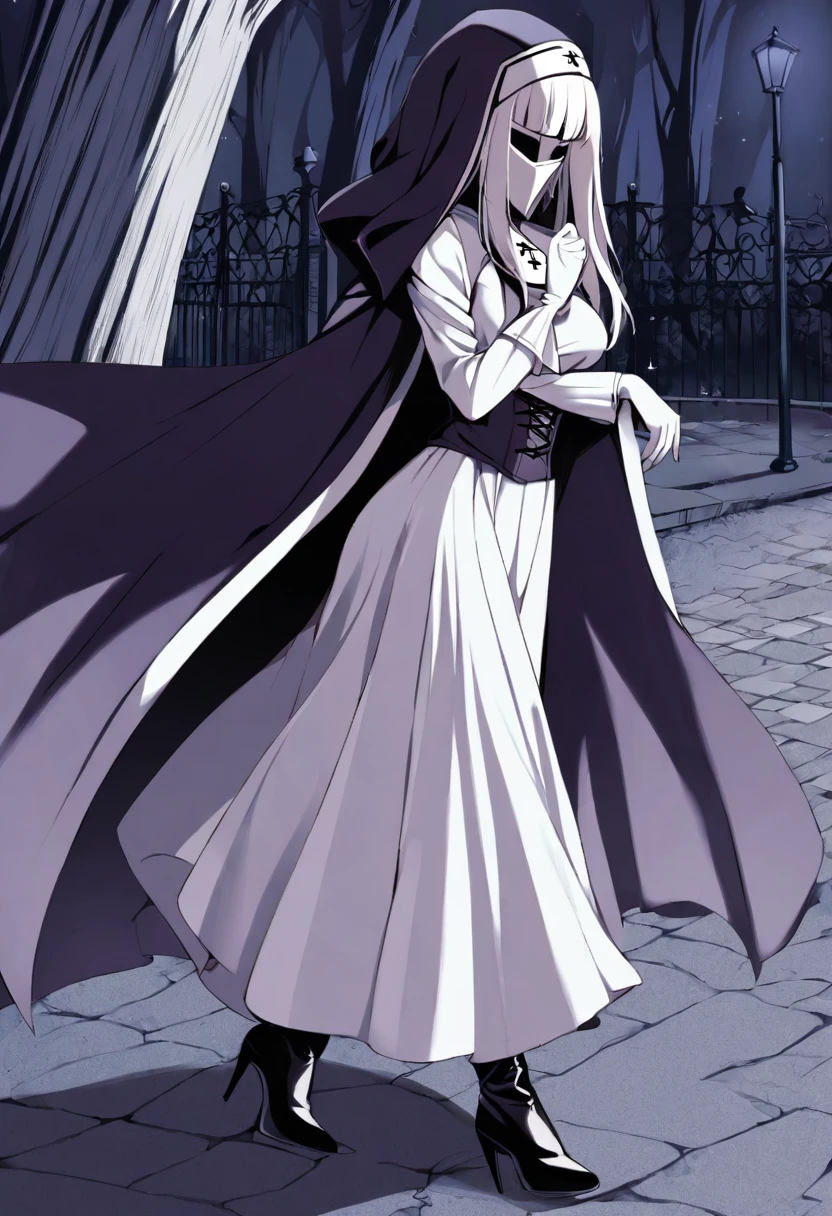 (1girl, solo) Nun, long skirt, long over loose sleeves, white gloves, mask, faceless, handless, nun outfits, 
cape covering whole body, long cape, scary cape, sexy, sexy pose, sexy heels boots, park, walking, her skirt got caught on blushes 