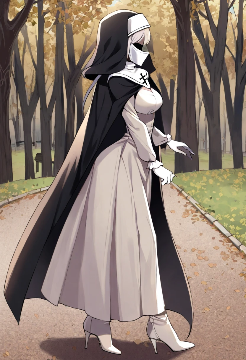 (1girl, solo) Nun, long skirt, long over loose sleeves, white gloves, mask, faceless, handless, nun outfits, 
cape covering whole body, long cape, scary cape, sexy, sexy pose, sexy heels boots, park, walking, her skirt got caught on blushes 