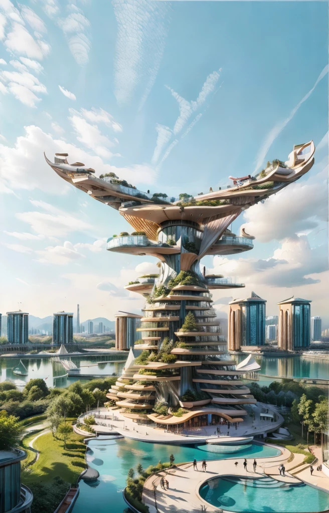  Amazing Building by zaha hadid, tower high in blue sky, by syd mead, there is  park on the ground ,trees.  people walking, pools, clear blue sky, realistic