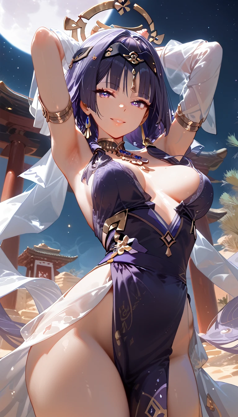 masterpiece, 8k, high resolution, shrine, semi-realistic, 1 girl, portrait 3:4, (high detailed face), (detailed body and clothes), (detailed hands, no bad hands, No bad fingers), dancing, arms up, (hands behind the head), smile, looking at viewer, dynamic, medium breasts, sexy, perfect body, perfect legs, no stockings , Candace (genshin_impact), genshin_impact, puffy breasts, desert midnight, moon and stars.