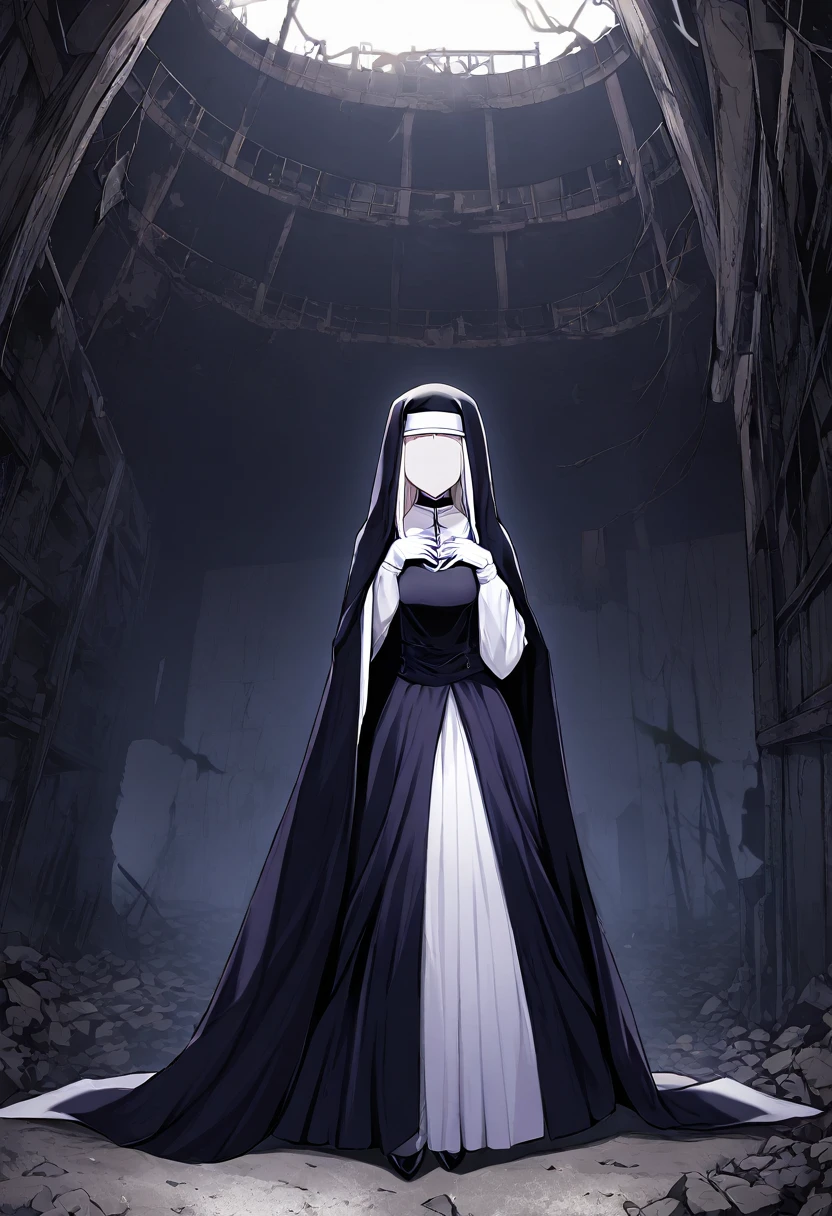 (1girl, solo) Nun, long skirt, long over loose sleeves, white gloves, faceless, handless, nun outfits, 
cape covering whole body, long cape, scary cape, sexy, sexy pose, heels boots, abandoned warehouse, her skirt got caught on floor gap