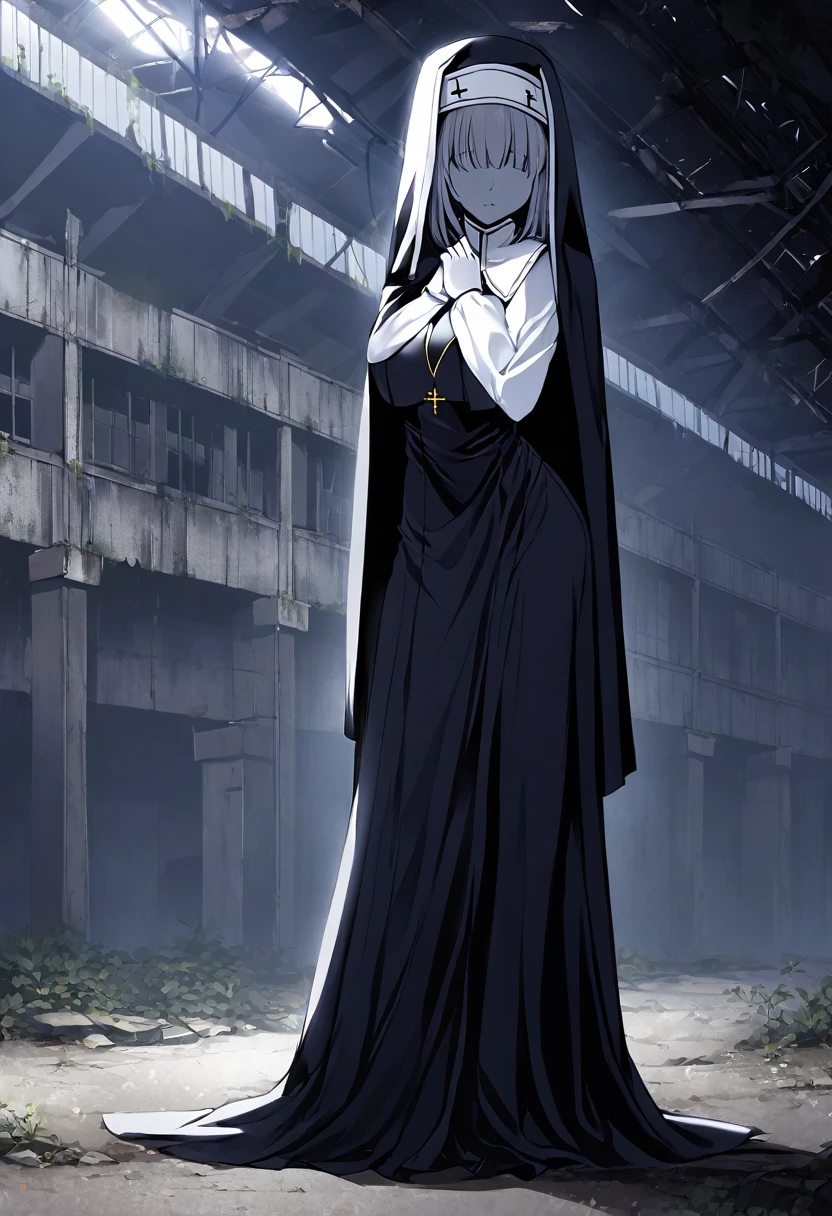 (1girl, solo) Nun, long skirt, long over loose sleeves, white gloves, faceless, handless, nun outfits, 
cape covering whole body, long cape, scary cape, sexy, sexy pose, heels boots, abandoned warehouse, her skirt got caught on floor gap