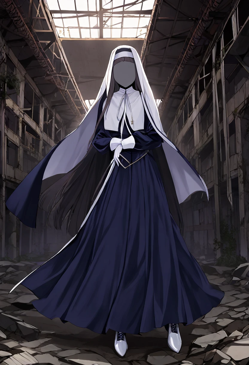 (1girl, solo) Nun, long skirt, long over loose sleeves, white gloves, faceless, handless, nun outfits, 
cape covering whole body, long cape, scary cape, sexy, sexy pose, heels boots, abandoned warehouse, her skirt and cape got caught on floor gap