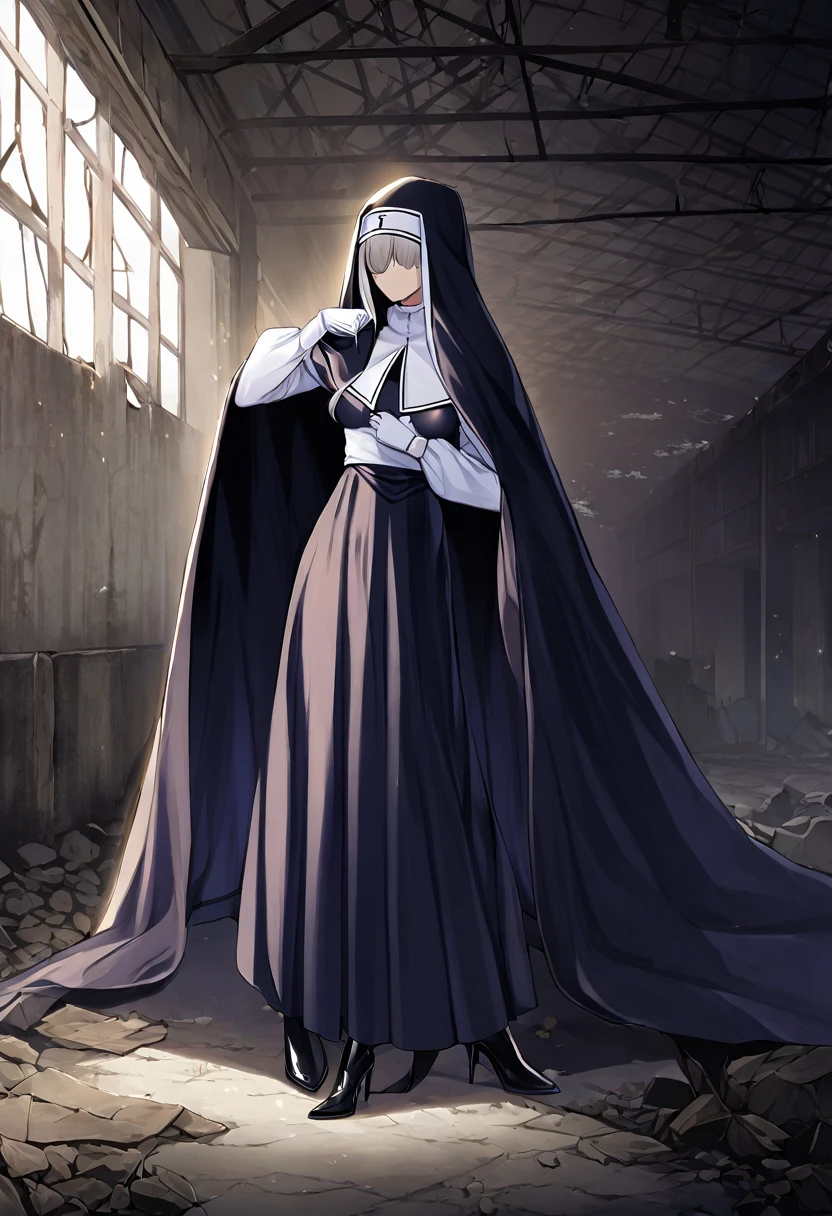 (1girl, solo) Nun, long skirt, long over loose sleeves, white gloves, faceless, handless, nun outfits, 
cape covering whole body, long cape, scary cape, sexy, sexy pose, heels boots, abandoned warehouse, her skirt and cape got caught on floor gap