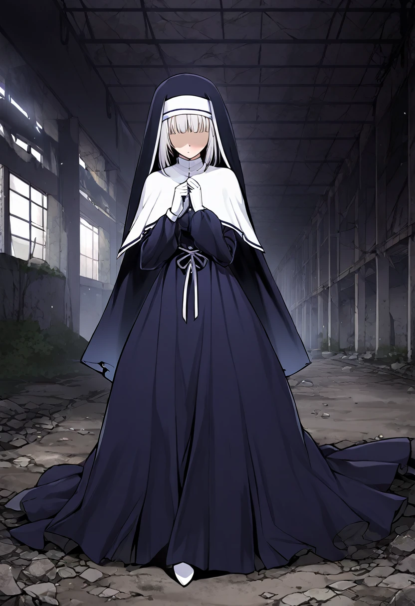 (1girl, solo) Nun, long skirt, long over loose sleeves, white gloves, faceless, handless, nun outfits, 
cape covering whole body, long cape, scary cape, sexy, sexy pose, heels boots, abandoned warehouse, her skirt and cape got caught on floor gap