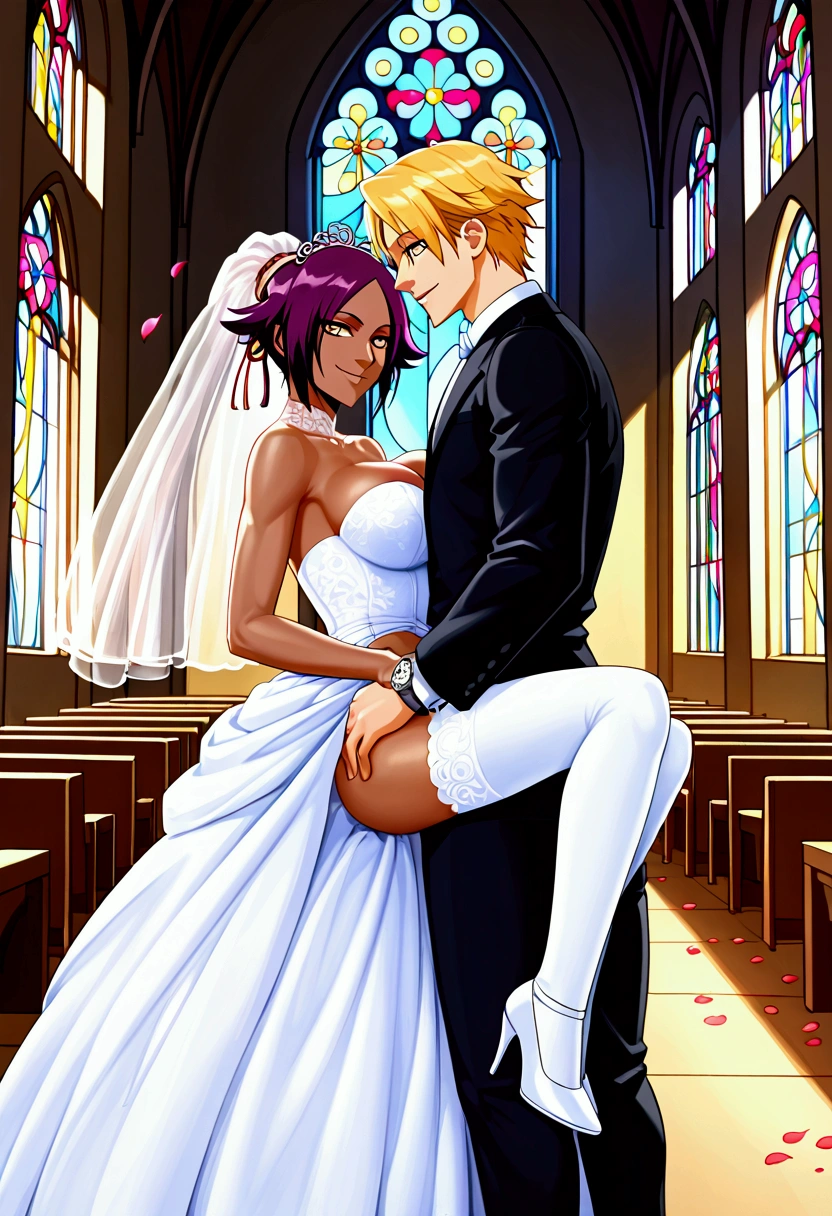 (8k, Best Quality,  anime style,  Watch Viewers , Bright atmosphere, smile, Teenage Girls,  intricate details :1.3),( 1 girl, Yoruichi from BLEACH, Big Breasts, I can see the valley, Nice body), ( wedding dress, Petals fluttering,  standing position where you can see your whole body, In front of the church)